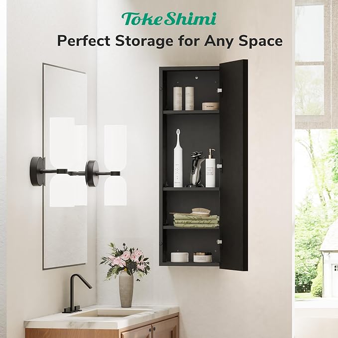 TokeShimi 12x36 Recessed Medicine Cabinet with Mirror Surface Mount, Aluminum Framed Metal Black Medicine Cabinet Mirrored, Bathroom Beveled Mirror with Storage Adjustable