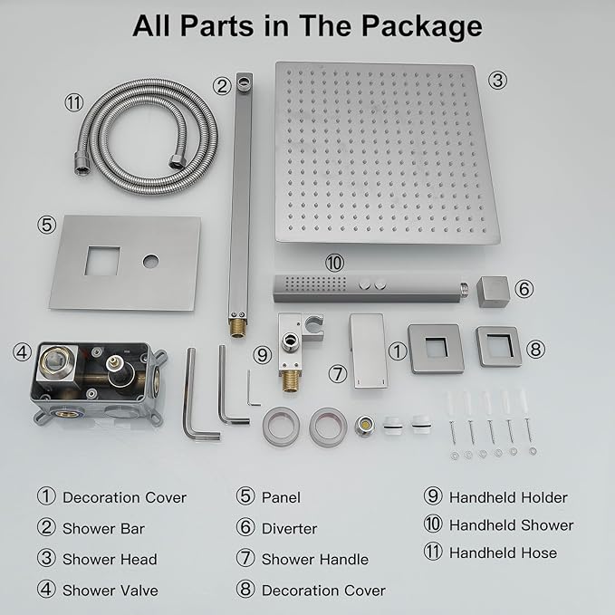 RUMOSE Brushed Nickel Rainfall Shower System 12 Inch High Pressure Square Shower Head with 2 in 1 Handheld Spray Wall Mount Brass Bathroom Shower Faucet Set with cUPC Certified Rough-in Valve