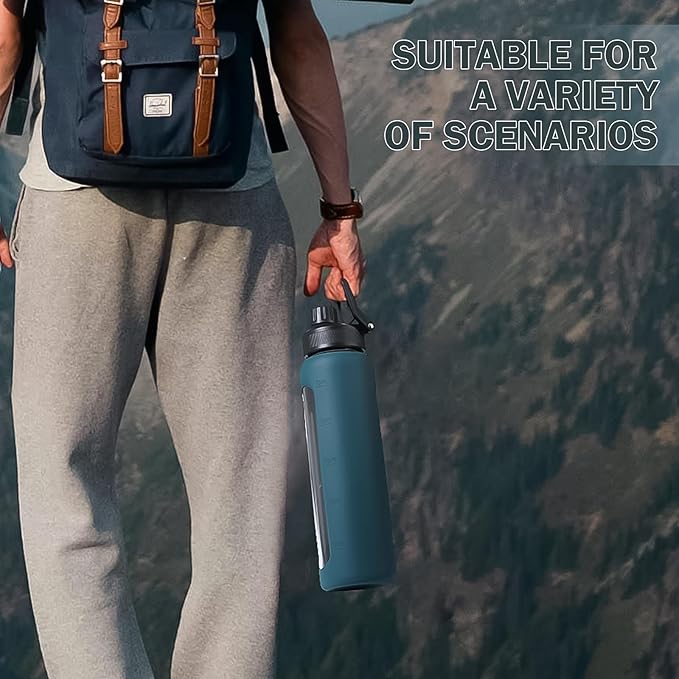 Glass Water Bottles with Straw -32oz- Water Bottle Phone Holder for Gym Large Motivational Water Bottle with Time Marker Glass Drinking Bottles 2 Lids - Spout & Bamboo Straw Lid(Dark Blue)