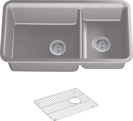 KOHLER K-8204-CM4 Cairn Sink, 33" Neoroc Composite Undermount Double-Bowl Kitchen Sink, Composite Kitchen Sink with Sink Rack, Matte Grey