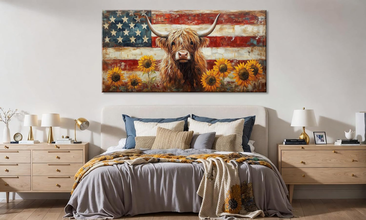 LASMOND Country Highland Cow Wall Art for Living Room Rustic Retro Vintage American Flag Sunflower Canvas Painting Prints Highland Cattle Artwork Farmhouse Bedroom Office Decor (30x16 Inches)