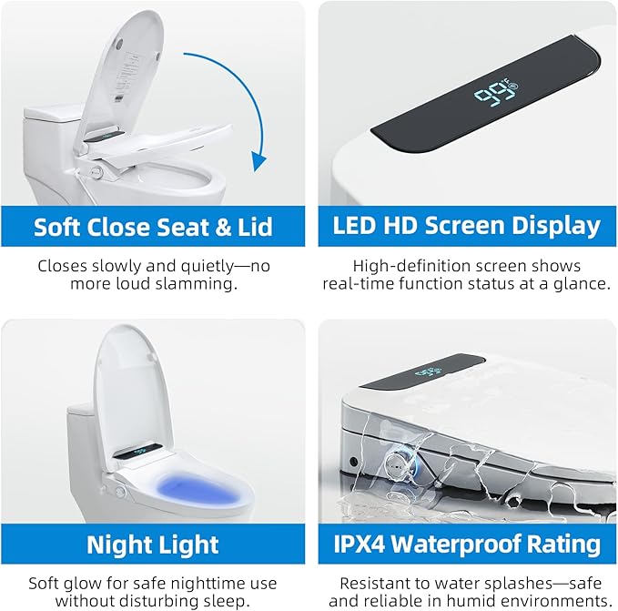 Heated Bidet Toilet Seat Elongated with LED Display & Remote Control - Smart Soft Close Toilet Seat Electric Bidet with Dryer, Warm Water, Feminine Wash, Self-Cleaning Nozzle, IPX4, White