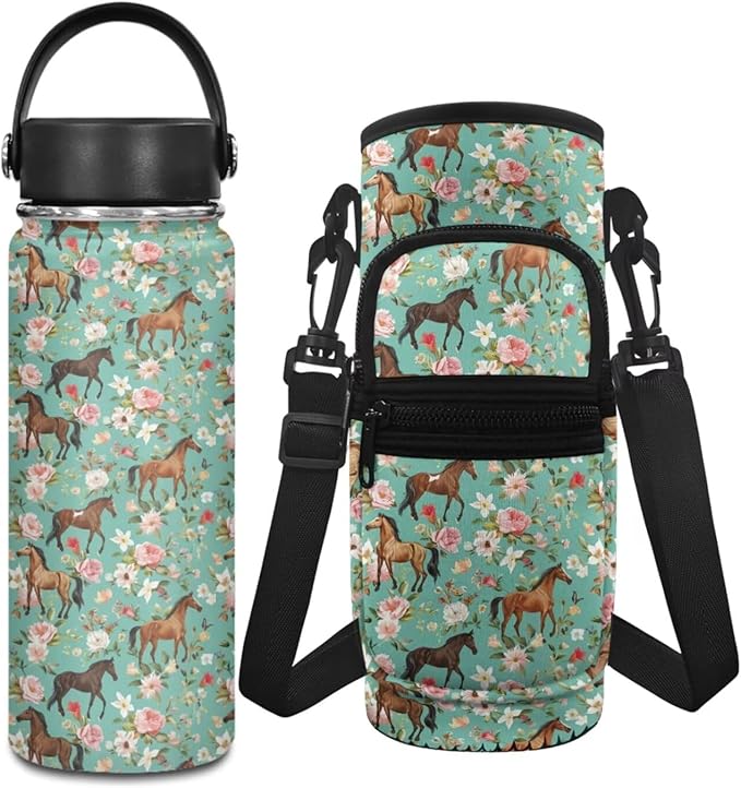Horse 18 OZ Insulated Water Bottle for Girls Stainless Steel Water Bottle Floral Water Bottle Carrier Bag and Reusable Water Bottle Set