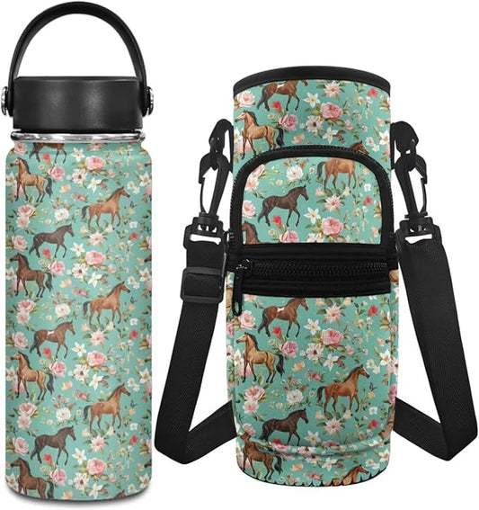 Horse 18 OZ Insulated Water Bottle for Girls Stainless Steel Water Bottle Floral Water Bottle Carrier Bag and Reusable Water Bottle Set