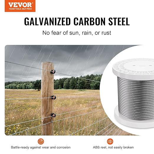 VEVOR Wire Rope, 1/4" 250 ft Zinc Galvanized Carbon Steel Cable with Gloves, 7000 lbs Breaking Strength, 7 x 19 Strands Construction Marine Aircraft Grade for Handrail Stair Decking Fence Outdoors