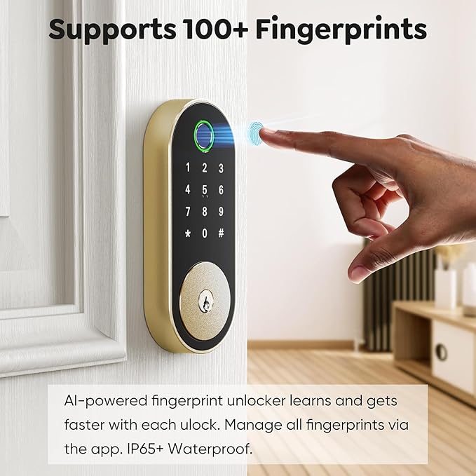 Keyless Entry Fingerprint Deadbolt Smart Lock: Digital Front Door Keypad with App Control, Electronic/Electric Deadbolt with Fingerprint & Code Access, Auto Locking, Easy to Install (Bright Brass)
