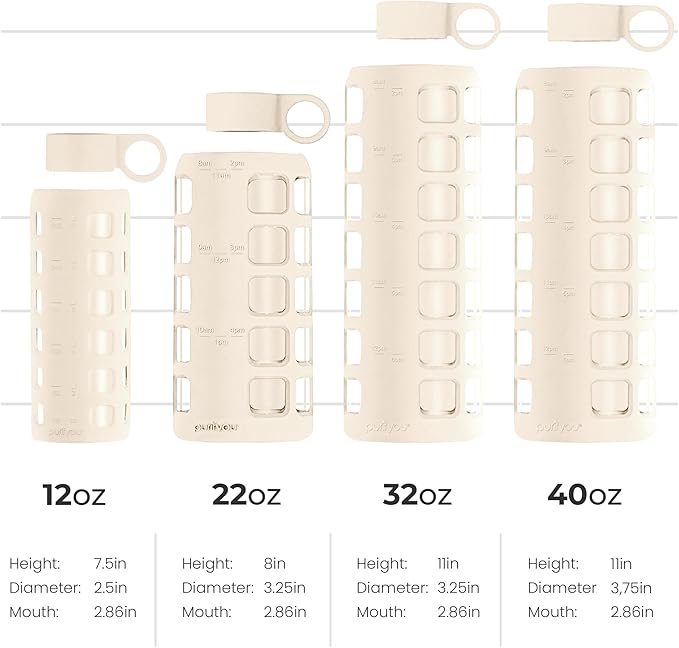 purifyou Premium Glass Water Bottles, 40/32 / 22/12 oz Reusable Drinking Bottle with Time & Volume Markings Silicone Sleeve & Stainless Steel Lid for Water, Coffee, & Fruit Juice (12oz Pearled Ivory)