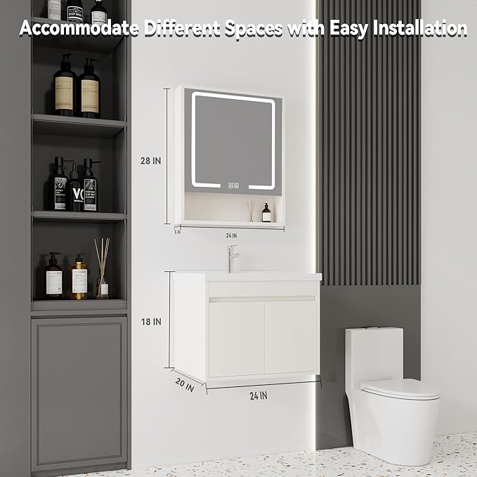 24'' Bathroom Vanity with Ceramic Sink Combo and Medicine Cabinet Mirror with Led Light/Defog, Wall Mounted Small Bathroom Vanity with Soft-Close Door Modern Floating Cabinet, Khaki(No Faucet)