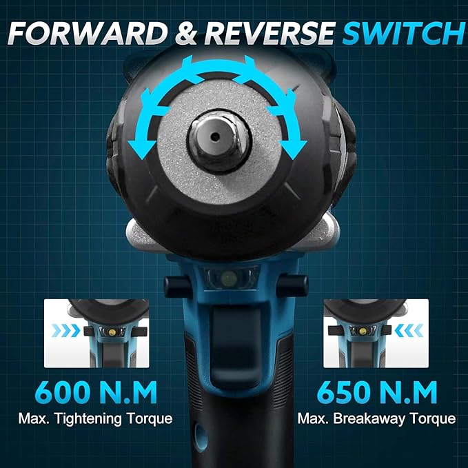 Cordless Impact Wrench 1/2 Inch - 600N.m Battery Powered High Torque Impact Gun with 2 Packs 4.0Ah Batteries, Electric Impact Driver/Drill for Auto Repair, Home DIYers and Mechanics