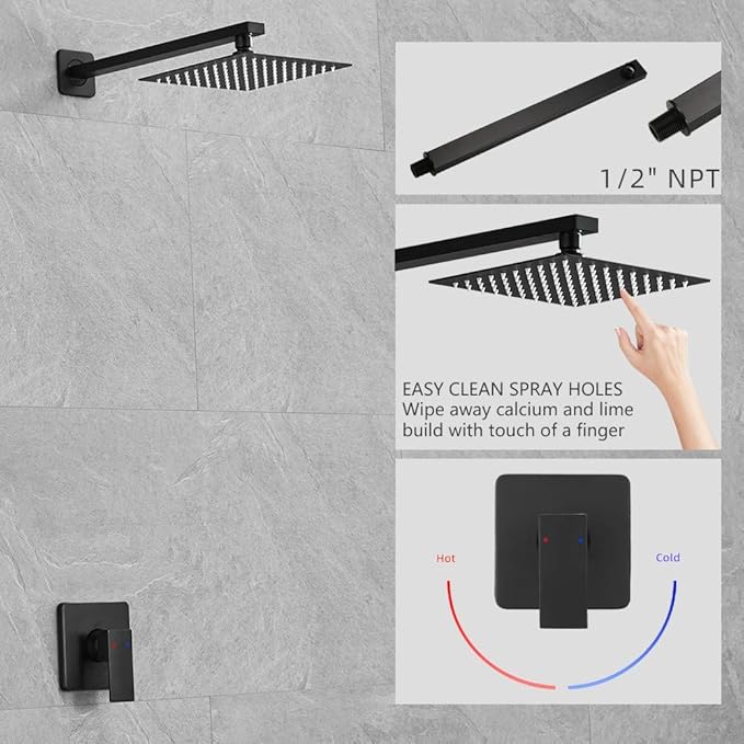 Matte Black Shower Faucet Set, Single Function Shower Trim Kit with Rough-in Valve, Square Rain Shower Head System Included Extra Long Shower Arm for Bathroom