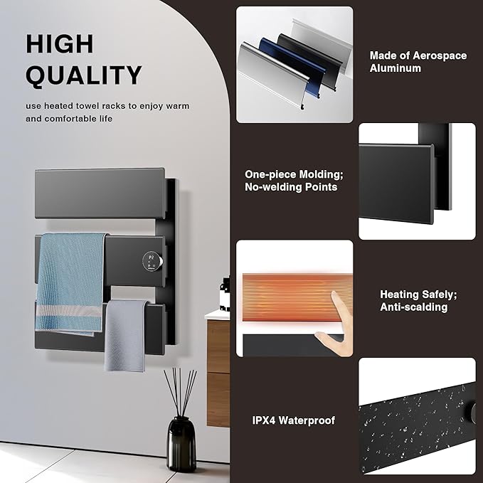 K&KALONZO Electric Towel Warmer, 18.35" W x 22.8" H Wall-Mounted Towel Heater with Built-in Timer, Waterproof Aluminum Towel Warmer for Bathroom, Support Plug-in and Hardwired, Black, K3-R-B