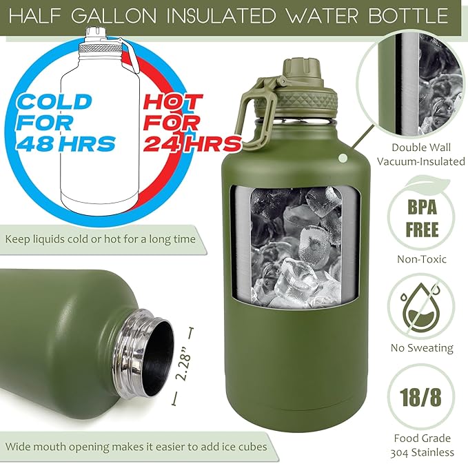 64 Oz Insulated Water Bottle with Sleeve (All Military Green) - Half Gallon Water Jug with Handle - Stainless Steel Sports Water Bottle for Gym Workout Hiking Tactical Bottle with Pouch