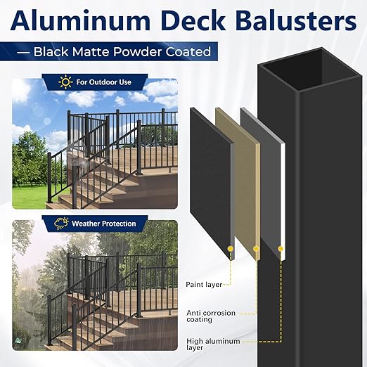2.56 in. x 2.56 in. x 45 in. Porch and Deck Railing Post with Screws, Aluminum Railing Post, Black Textured Powder-Coat Finish Stair Post for Decks, Porches & Balconies (2x45in Posts)