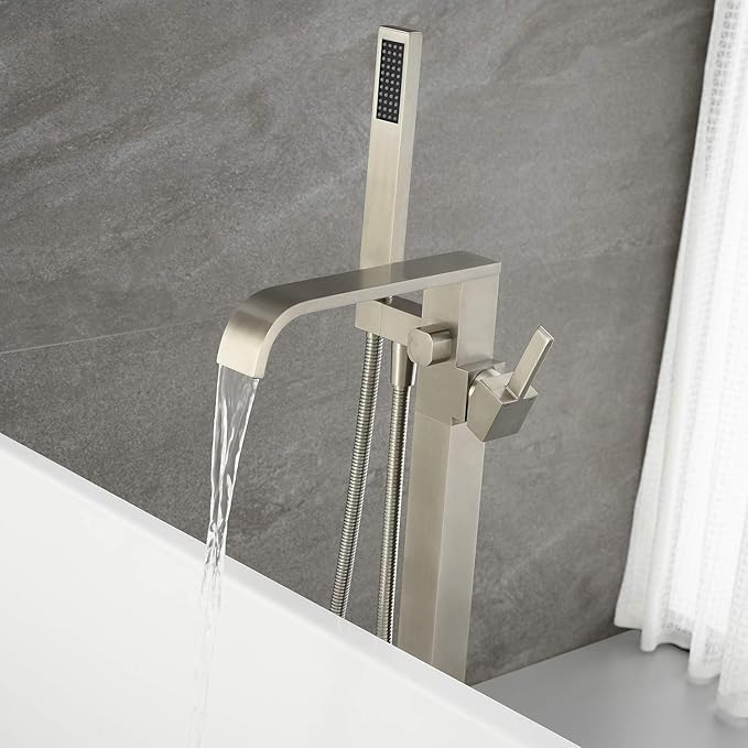 Freestanding Bathtub Faucet Tub Filler Brushed Nickel Floor Mount Faucets Brass Single Handle with Hand Shower