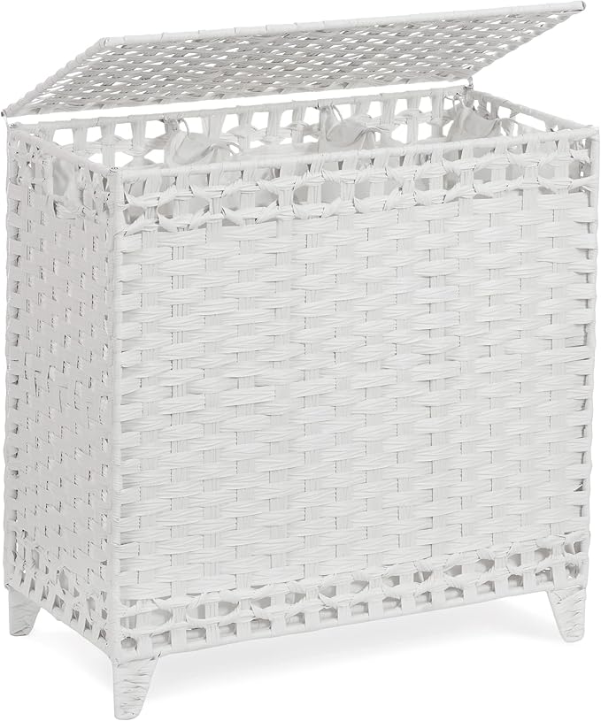 Laundry Hamper with 3 Removable Liner Bags; 132L Handwoven Rattan Laundry Basket with Lid & Heightened Feet; Clothes Hamper with Side Handles; Laundry Sorter with 3 Separate Sections (White)