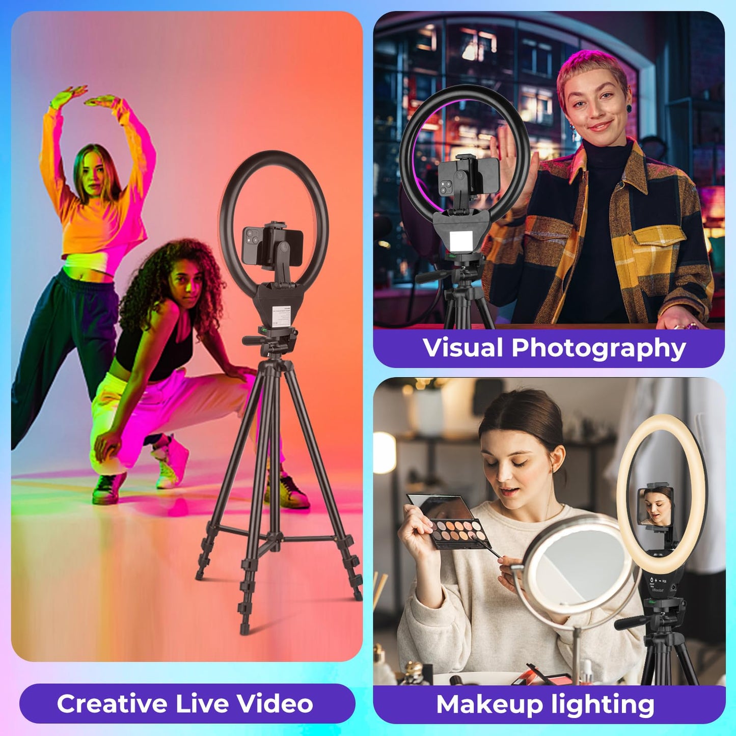 Sensyne 10'' Ring Light with 50'' Extendable Tripod Stand, LED Circle Lights with Phone Holder for Live Stream/Makeup/YouTube Video/TikTok, Compatible with All Phones