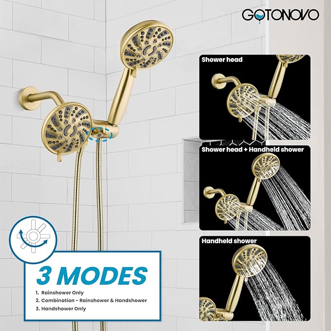 gotonovo Dual 2 in 1 Shower Head Kit High Pressure Combo System Shower Faucet 6 Modes ABS Handheld Spray Shower Trim Kit with Valve Shower Head and Handle Set Brushed Gold