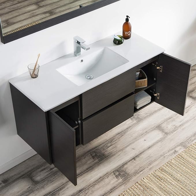 Blossom Single Bathroom Vanity with Ceramic Sink and Mirror | All Wood Floating Vanity Cabinet | 2 Doors and Soft-Closing U-Shaped Cutout Drawers| 48" w/Ceramic Sink and Mirror, Silver Grey