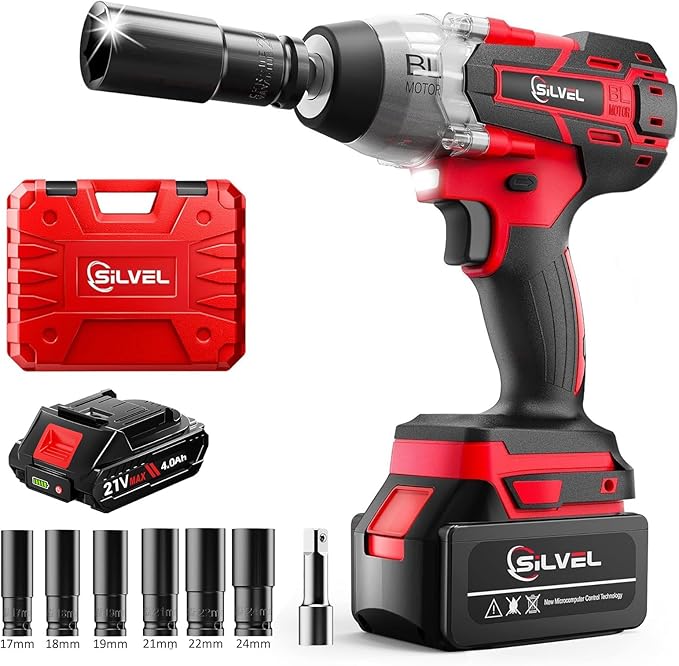 SILVEL 21V Cordless Impact Wrench 1/2 inch, 517 Ft-lbs (700N.m) Max Torque Brushless High Torque Impact Wrench w/ 1.5Ah Li-ion Battery, Charger, 6 Sockets, Extension Bar, Power Impact Gun for Car Home