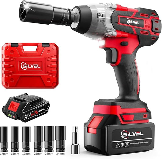 SILVEL 21V Cordless Impact Wrench 1/2 inch, 517 Ft-lbs (700N.m) Max Torque Brushless High Torque Impact Wrench w/ 1.5Ah Li-ion Battery, Charger, 6 Sockets, Extension Bar, Power Impact Gun for Car Home