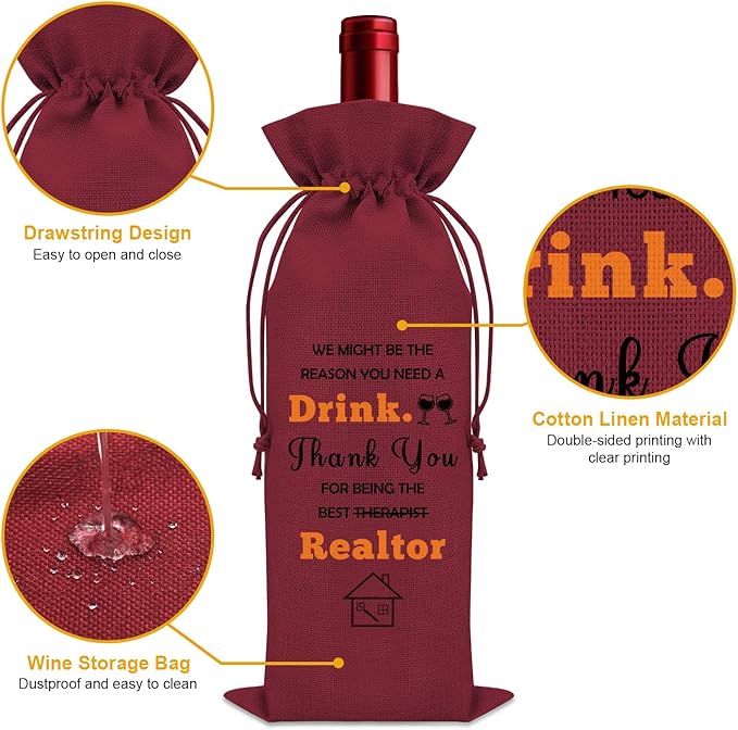 Realtor Gifts for Women Agent Wine Bag Thank You Gifts for Clients Real Estate Therapist Gifts for Men Wine Bottle Storage Bag Housewarming Gifts for Her Wine Accessories Gifts for Wine Lovers(Red)