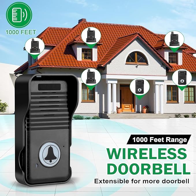 Wireless Door Bell, Full Duplex Long Range Wireless Doorbell, Waterproof 2 Way Communication Doorbell, 8 Volume Levels 4 Chime Wireless Doorbells For Home Business(Black, 2 Receiver, 1 Transmitter)