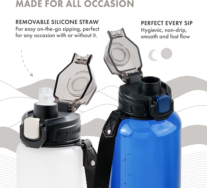 GRANDTIES Sports Tritan Plastic Water Bottle with Straw, Removable – Leakproof BPA Free Dishwasher Safe Travel Water Bottle with Strap for Gym, Outdoor, Fitness (Frosted Snowy White, 52oz (1.5L))