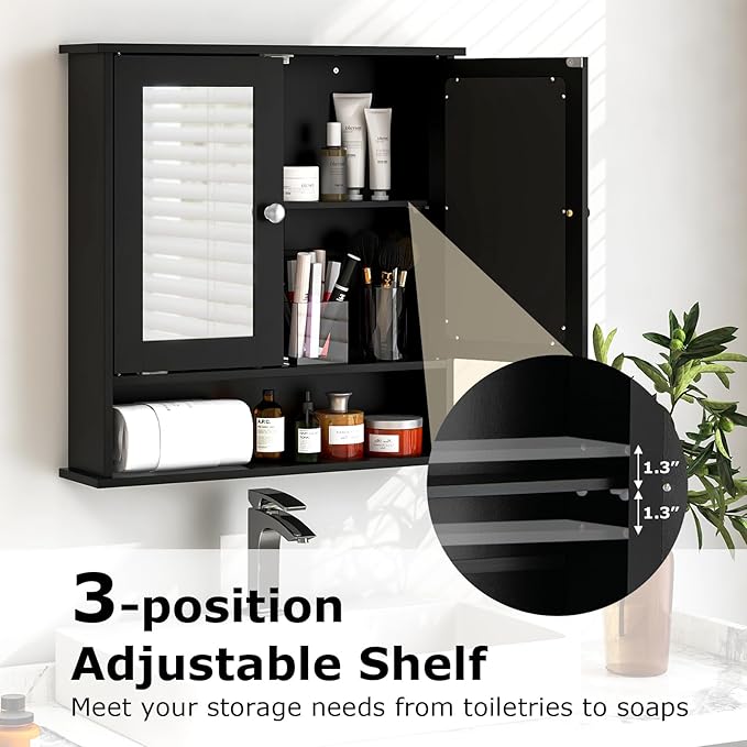 Tangkula Bathroom Medicine Cabinet with Mirror, Wall Mounted Wooden Hanging Organizer with Doors and Shelves, Bathroom Wall Mirror Cabinet (Mirror Doors, Black)