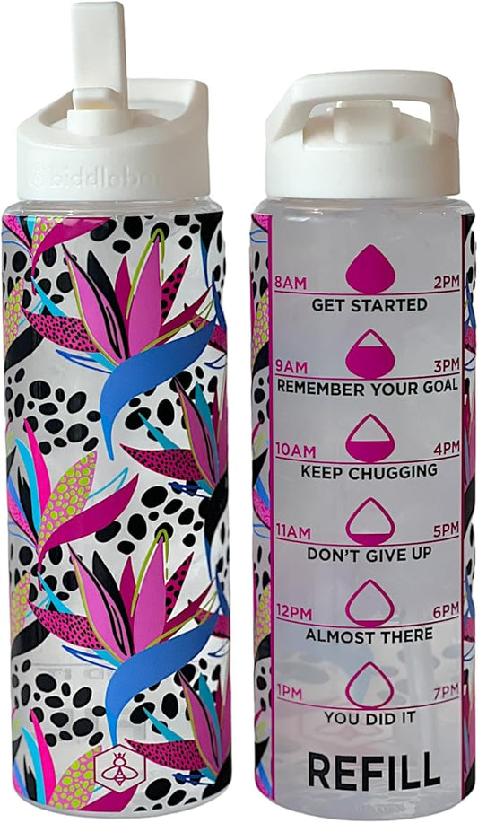 Biddlebee 32oz. Hydration Tracker Water Bottles with Times To Drink | Big Motivational Water Bottle with Time Marker, Straw Lid, & Measurements | BPA-Free