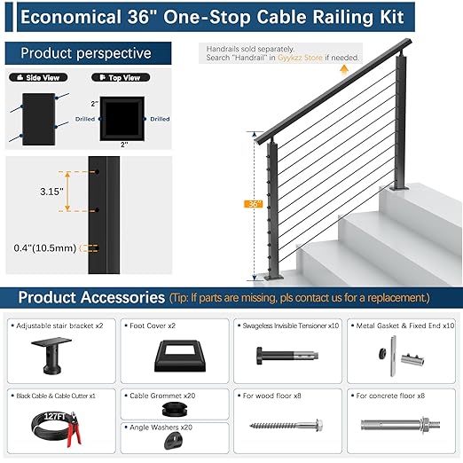2 Pack Economical Stair Cable Railing Post Kits 36", Stainless Steel T304 Deck Stair Railing System with Swageless Tensioner, Upgraded Black Powder Coated Stairway Post Kits with DIY Length