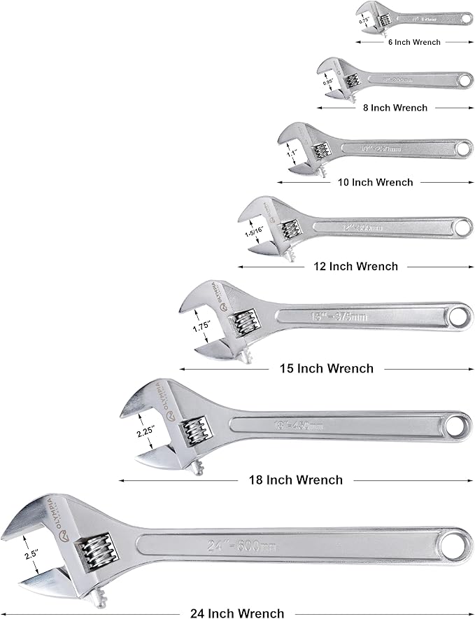 Olympia Tools 8" Adjustable Wrench, Heavy Duty Drop Forged Steel, Chrome Plated, Precision Machined Jaws, Rust Resistant