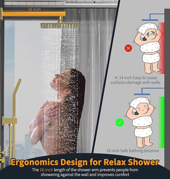 SR SUN RISE Shower Faucets Sets Complete Brushed Gold Square Rain Shower Head with Handheld Spray All Metal Shower Faucet Trim Repair Kits (Contain Shower Valve)