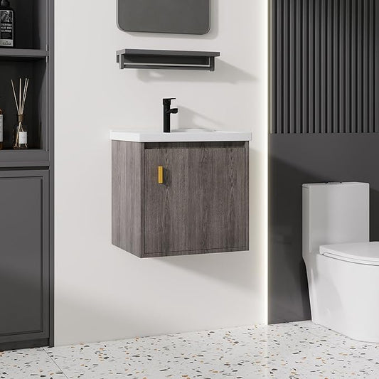 20'' Bathroom Vanity with Ceramic Sink Combo, Wall Mounted Small Bathroom Vanity with Soft-Close Door Modern Floating Cabinet, Pop-up Drain, P-Trap Included, GreyWalnut(No Faucet)