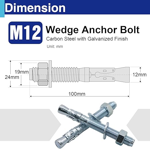 10Pcs M12×100mm Wedge Anchor Bolt, Carbon Steel Zinc Plated, Concrete Anchor Screws Kit, Anti-Rust Metric Expansion Bolts