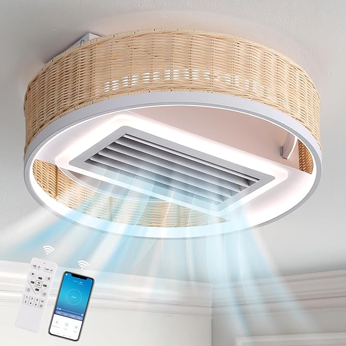 19.7''Mondern LED Bladeless Ceiling Fan, Smart Low Profile Ceiling Fan with Light, Rattan Boho Flush Mount Ceiling Fan, Dimmable Bedroom Ceiling Lights with Reversible Fans (Wood)