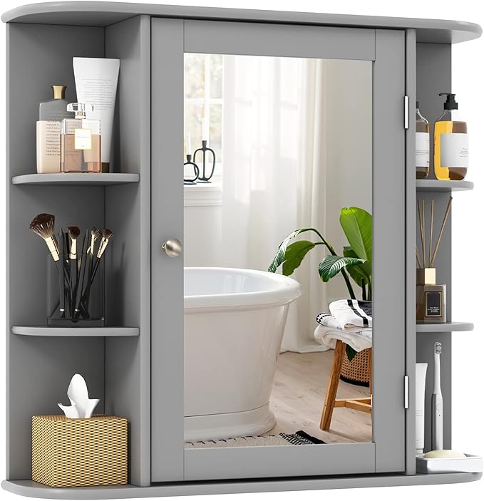 Tangkula Bathroom Medicine Cabinet with Mirror, Wall Mounted Home Storage with Door & 6 Open Shelves, Adjustable Shelves, Mirrored Bathroom Wall Cabinet (Gray)