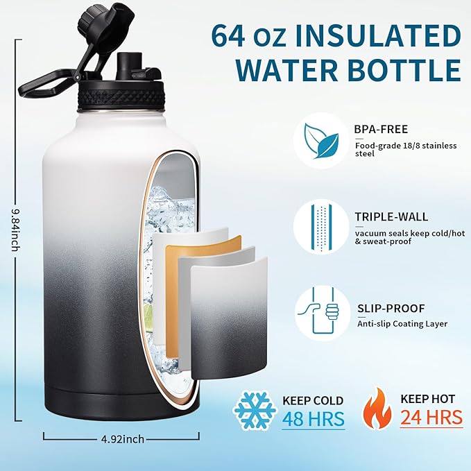 Half Gallon Water-Bottle with straw - 64oz Vacuum Insulated Water Bottles with Paracord Handle, Straw Spout Lids, Water Bottle Carrier Holder, Protective Cup Mat, 2 Liter Stainless Steel Water Jug