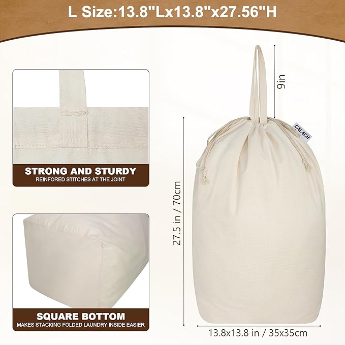 Canvas Laundry Bags with Handles & Square Base 13.8"x 13.8", Large Heavy Duty Laundry Basket Hamper Liner, College Dorm Washable Drawstring Cotton Dirty Clothes Bag (Beige,1 Pack)