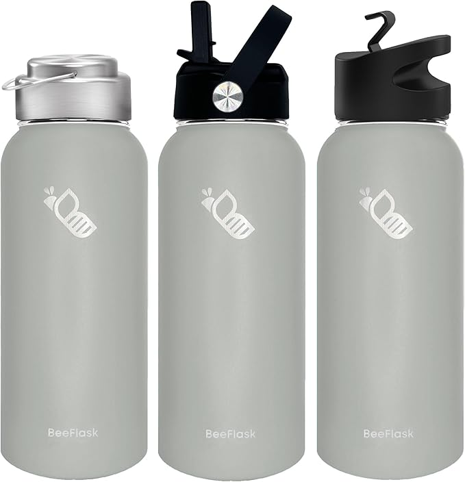 Sports Water Bottle - 32 Oz, 3 Lids (With straw), 50 Cute Stickers, Vacuum Insulated, 308 Stainless Steel, with a Portion of Sales Supporting Bee Conservation Efforts (Cool Gray)