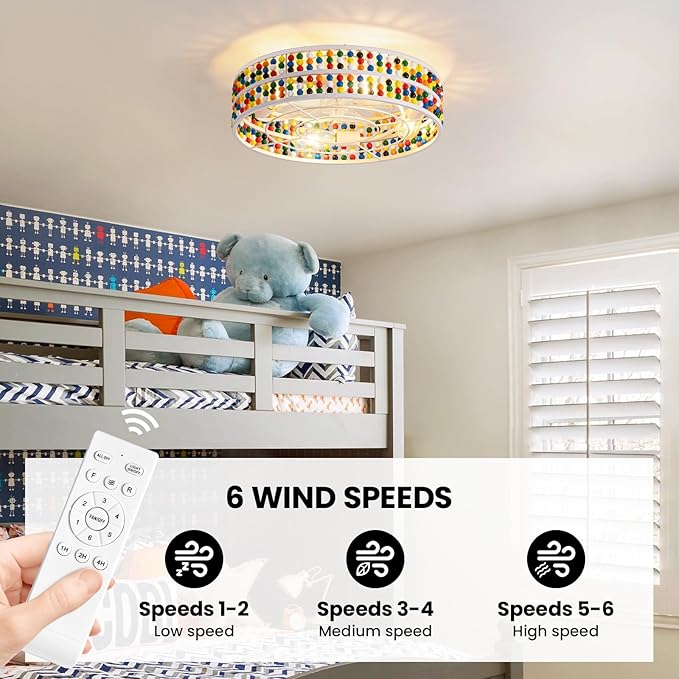 Moooni Colorful Wood Beaded Ceiling Fan with Light 19 inch Boho Wood Beaded Fandelier 6 Speed Flush Mount Ceiling Fan with Light Boho Fandelier