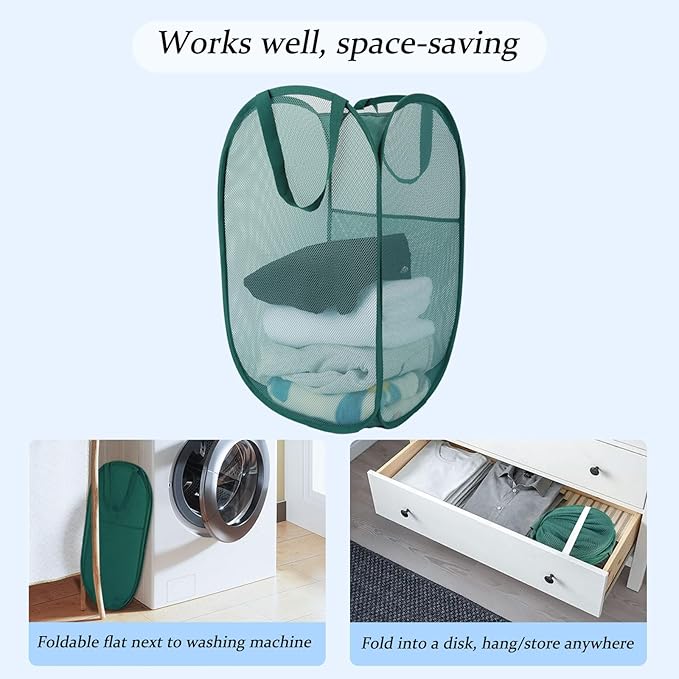 Upgraded 100L Extra Large Collapsible Laundry Baskets, 2 Pack XL Mesh Pop Up Laundry Hamper with Handles, Portable Travel Laundry Basket, Foldable Hamper. Green