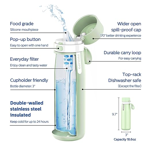 PHILIPS Filtered Water Bottle, Insulated Stainless Steel Water Purifier Bottle for Daily Life & Travel, BPA Free with GoZero Everyday Filter for Cleaner Tastier Tap Water, Keeps Cold, 18.6 oz Green