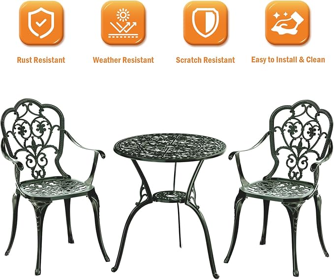 Patio Bistro Set of 2, Cast Aluminum, Outdoor Set w/Umbrella Hole, 3 Piece Table and Chairs Set, Bistro Set for Backyard/Garden/Lawn, Green