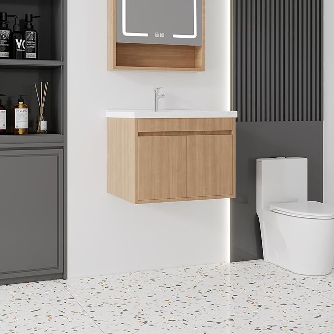 24'' Bathroom Vanity with Ceramic Sink Combo, Wall Mounted Small Bathroom Vanity with Soft-Close Door Modern Floating Cabinet, Pop-up Drain, P-Trap Included, Walnut(No Faucet)