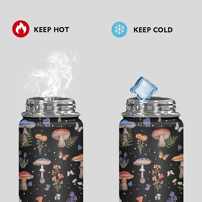 Mushroom Print Insulated Stainless Steel Water Bottle with Top Handle 18 Oz Vacuum Stainless Steel Sports Travel Water Bottle for Women Men