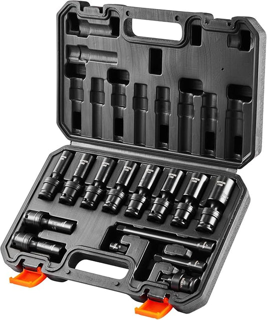 VEVOR 14PCS Universal Impact Socket Set - 3/8" Drive Deep Metric 10-19mm 6 Point - Swivel Socket with Flexible Wobble, CR-MO, Metric, Storage Case