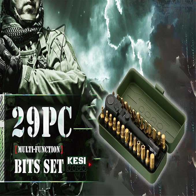 KESI Tool Torx Bit Set 29-Piece, 2 In-1 Bits Ratchet, Flex Locking Head Design with 26-piece 1/4" Patent Bits, Magnetic Bit Holder, Stubby Handle and Compact Paint Metal Case, Multi-function