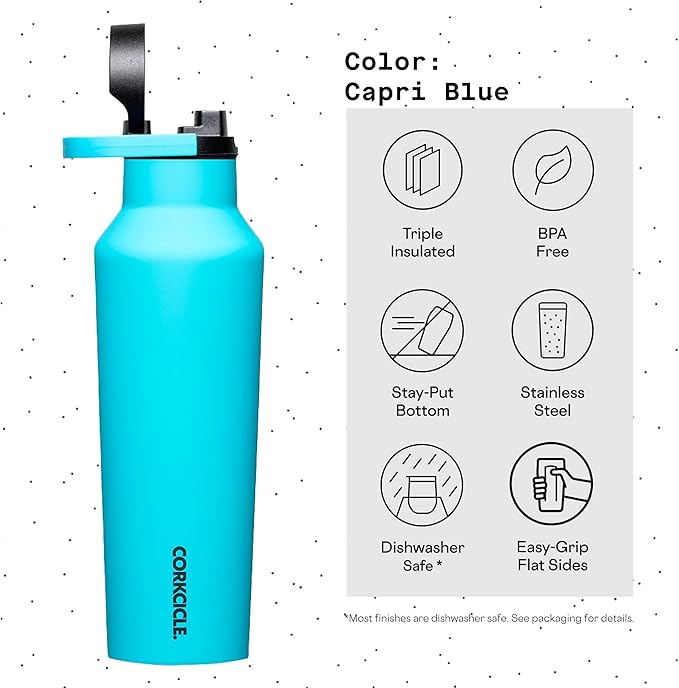 Corkcicle Sport Canteen Insulated Tumbler, Capri Blue, 20 oz – Reusable Water Bottle Keeps Beverages Cold for 25 Hours & Hot 12 Hours – Cupholder Friendly Tumbler with Screw-On Cap