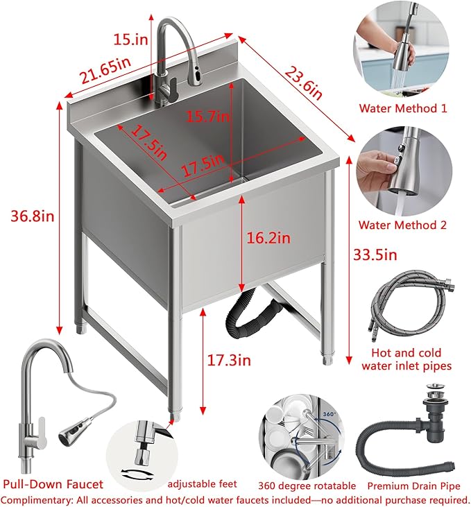 Stainless Steel Commercial Restaurant Sink, Freestanding Large Commercial Sink with Pull-out Faucet for Kitchen Dishwashing, Thawing, Pet Cleaning, Laundry Room, 23.6"D x 21.6"W x 36.8"H