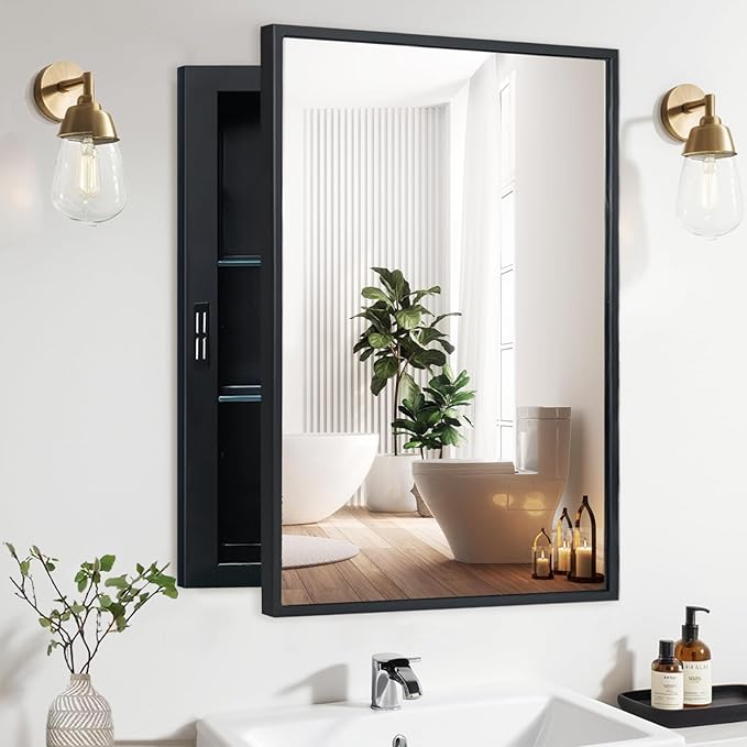 Recessed Medicine Cabinets with Mirror, Black Bathroom Mirror with Storage, Rectangle Medicine Cabinet Vanity Mirrors, Farmhouse Metal Framed Wall Mirror Recessed or Surface Mount, 24x30 Inch